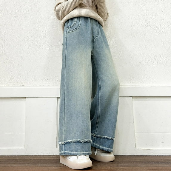 HAOTAGS Mid Waist Pants Kids Comforable Wide Leg Trousers Straight with Pockets Girl Streetwear Blue 11 Years