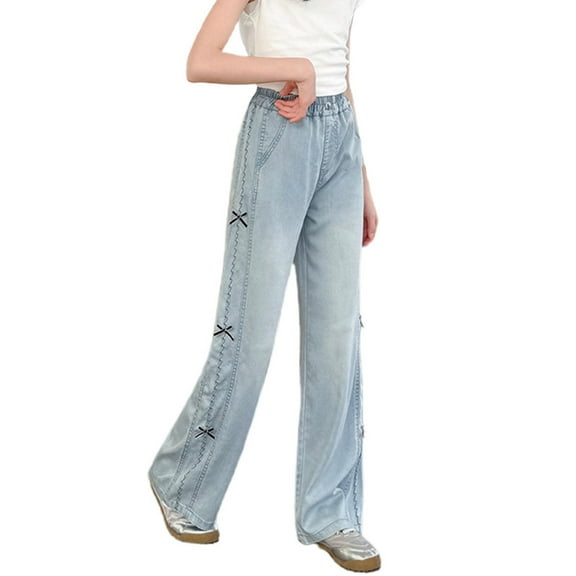 HAOTAGS Mid Waist Pants Toddler Baggy Wide Leg Cargo Trousers Bootcut Pocket Girls Hop Streetwear Blue 11-12 Years