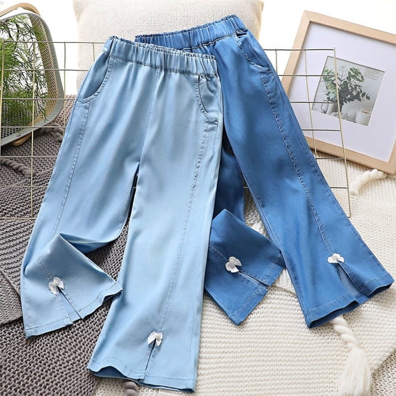 HAOTAGS Mid Waist Pants for Teens Loose Flared Leg Cargo Demin Pants Stretch Pocket Sky Blue 7 Years