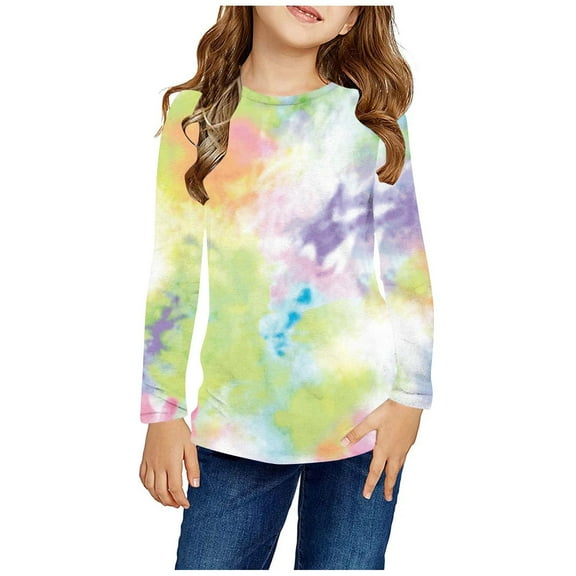 HAOTAGS Multi-color Tie Dye Print T-shirts for Girls Boys, Round Neck Long Sleeve Pullover Lightweight Casual Spring Fall Kids Outfits Multicolor 4 T