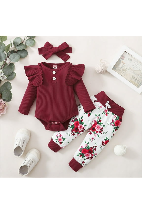 Newborn Baby Girls Fly Sleeve Bodysuit, Pants and Headband 3 Piece Outfit Set Size 3-24 Month Red
