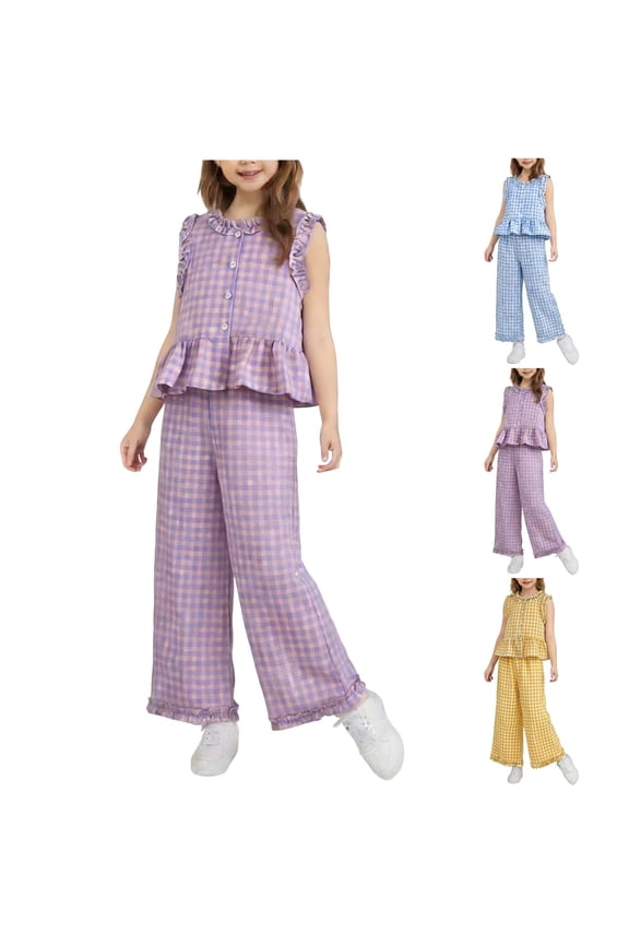 Outfit Sets for Girls 10-12,Check Tank Lace Trim Wide Pants Color-Block Plaid Set Purple 7-8 T