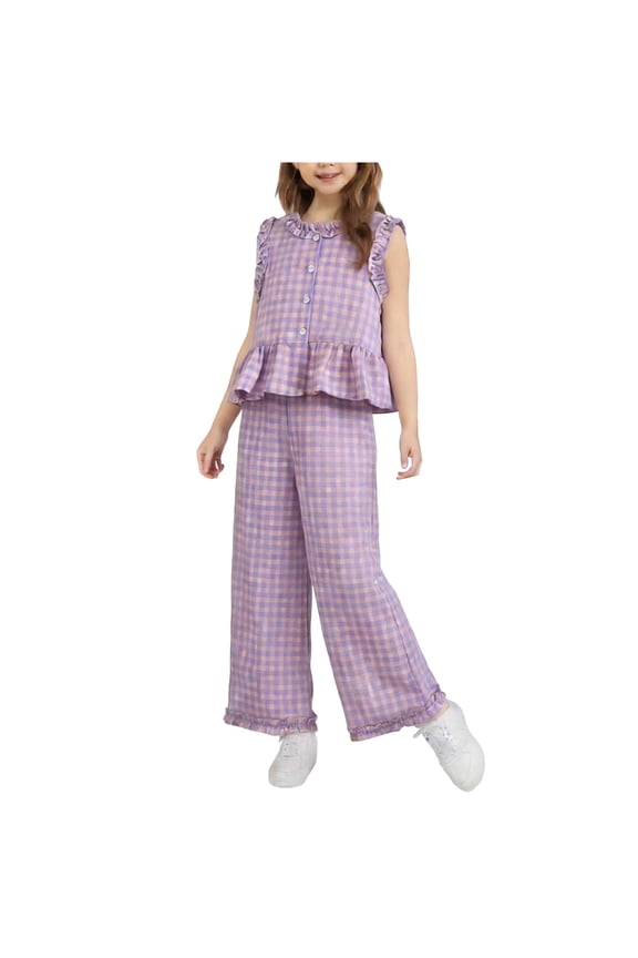 Outfit Sets for Girls 10-12,Wide Pants Lace Trim Check Tank Color-Block Plaid Set Purple 10-11 T