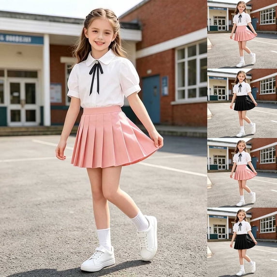 HAOTAGS Outfit Sets for Girls, School Uniform Short Sleeve Collared Top Pleated Skirt Set with Brooch School Outfit Sets Pink Size 7