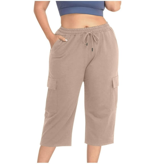HAOTAGS Oversized Women's Capri Pants, Drawstring Breathable Solid Color Cropped Pants Beige 3XL