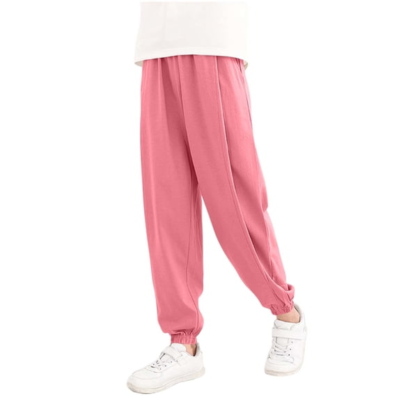 HAOTAGS Pants for Boys Girls, Tapered Leg Elastic Waist Casual Loose Kids Sports Pants with Pockets Pink Size 7