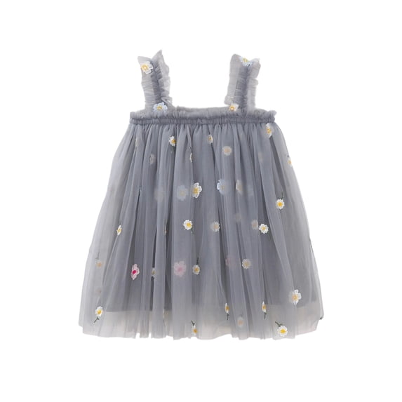 HAOTAGS Party Dresses for Girl,Floral Embroidery Tulle Summer Sleeveless Dress Gray 2-3T