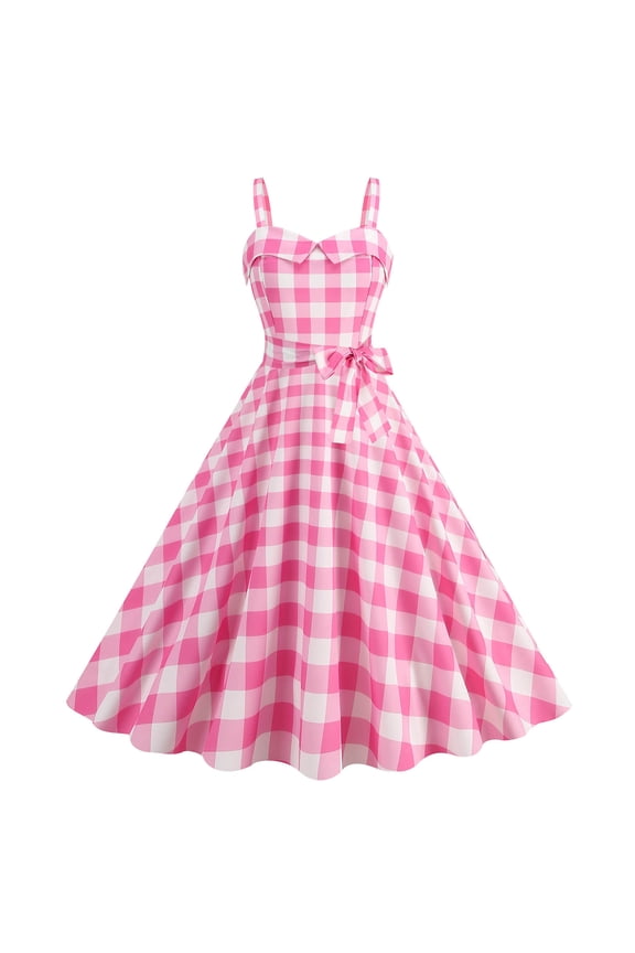 Plaid Dress for Women 50s Dresses Checkered Dress Vintage Rockabilly Dresses Pink Size S