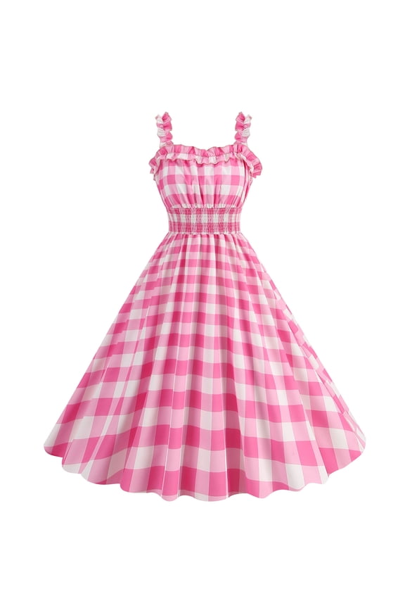 Plaid Halter Dresses for Women Vintage Dresses 1950s Swing Dresses Pin Up Knee Length Dress Pink Size 2XL