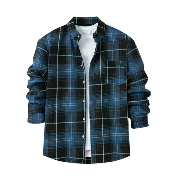 HAOTAGS Plaid Shirts for Men Casual Button Long Sleeve Flannel Shirt for Spring Fall Navy Size S