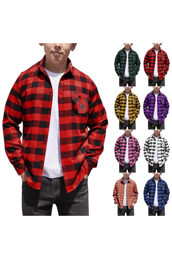 Plaid Shirts for Teen Boys(4-15), Casual Long Sleeve Button Down Shirts with Pocket Black 10-11Years