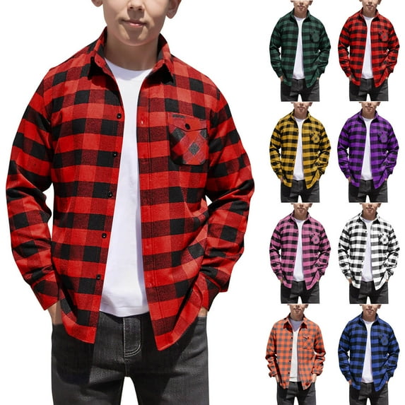 HAOTAGS Plaid Shirts for Teen Boys(4-15), Casual Long Sleeve Button Down Shirts with Pocket Red 6-7Years