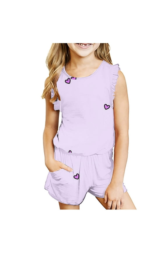 2 Piece Girls Outfit Sets,Summer Playwear Round Neck Print Sleeveless Casual Tank Shorts Sets Size 7-8 Years