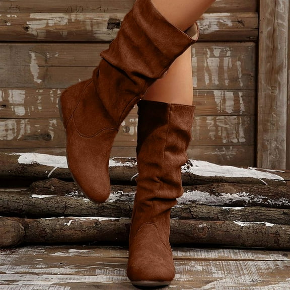 HAOTAGS Pleated Boots for Women, Fall Winter Casual Mid Calf Trendy Flock Boots Coffee 6