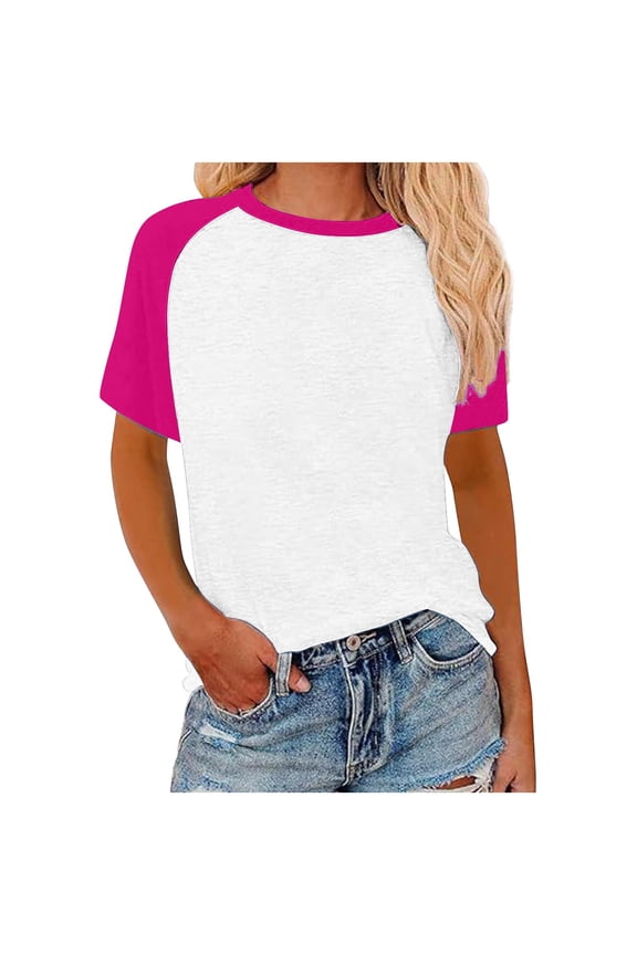 Plus Size Women Tops, Printed Raglan Sleeve Color Blocking Short Sleeve Pullover Short Sleeve Blouses Hot Pink L