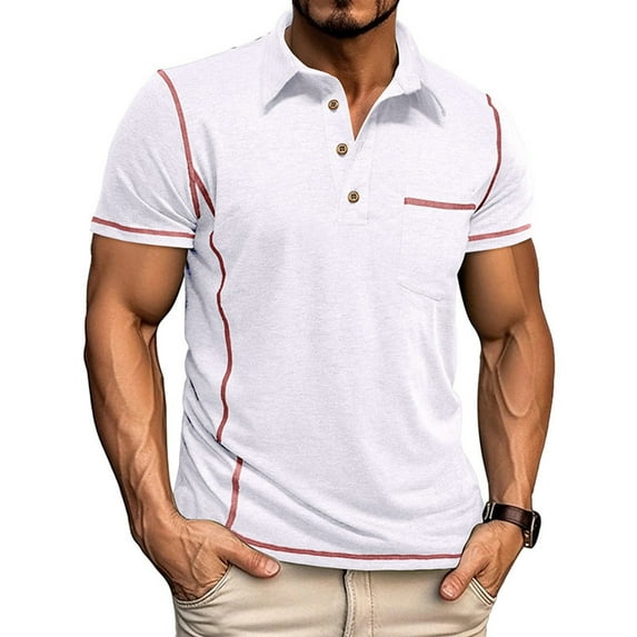 HAOTAGS Polo Shirts for Men Casual Outdoor Short Sleeve Turndown Collar Blouse Shirt White Size M