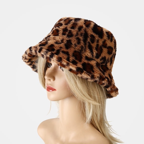 HAOTAGS Print Leatherette Bucket Hat Teddy Style Winter Hat Fisherman Hat Warm Windproof Leopard Print Brown Size One size