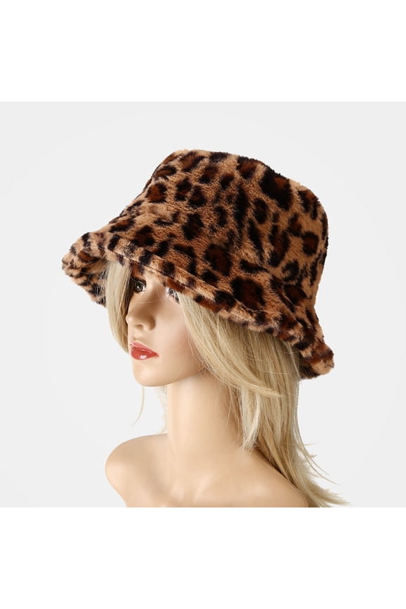 Print Leatherette Bucket Hat Teddy Style Winter Hat Fisherman Hat Warm Windproof Leopard Print Brown Size One size