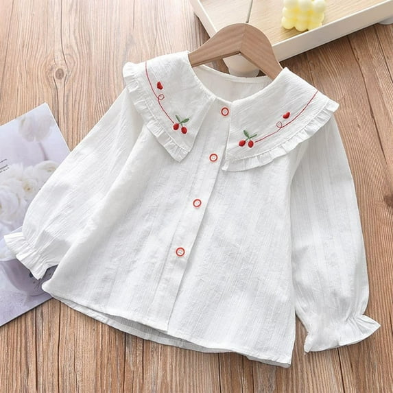 HAOTAGS Ruffled Shirt for Girls, Long Sleeve Thin Lace Solid Casual Collar Blouses for Girls White 9 Years