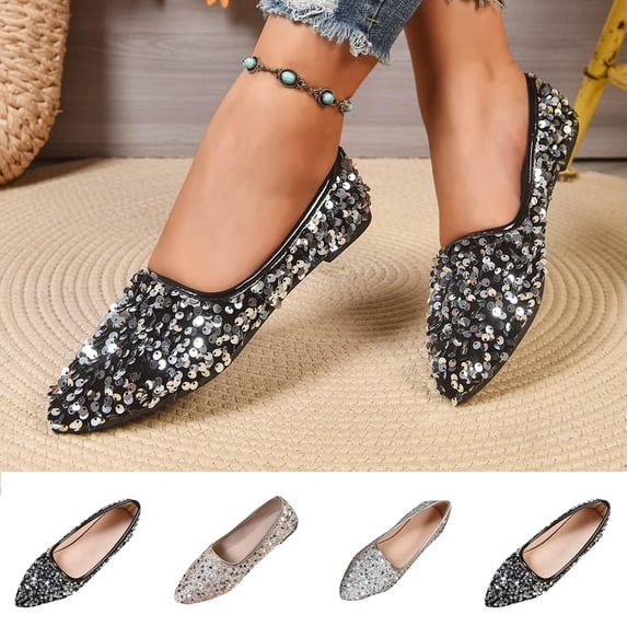 HAOTAGS Sandals Women Summer,Pointed Toe Soft Sole Glitter Wide Width Sandals Black 8.5