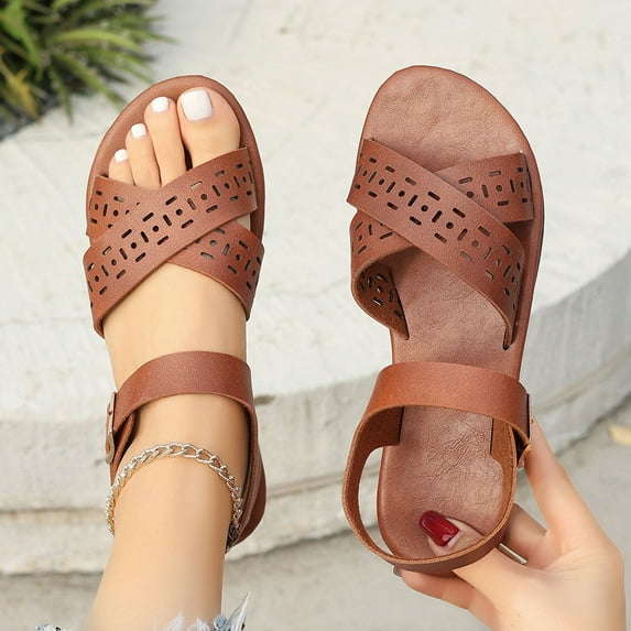 HAOTAGS Sandals for Women Flat Hollow Casual Dressy Sandals Brown Size 6.5