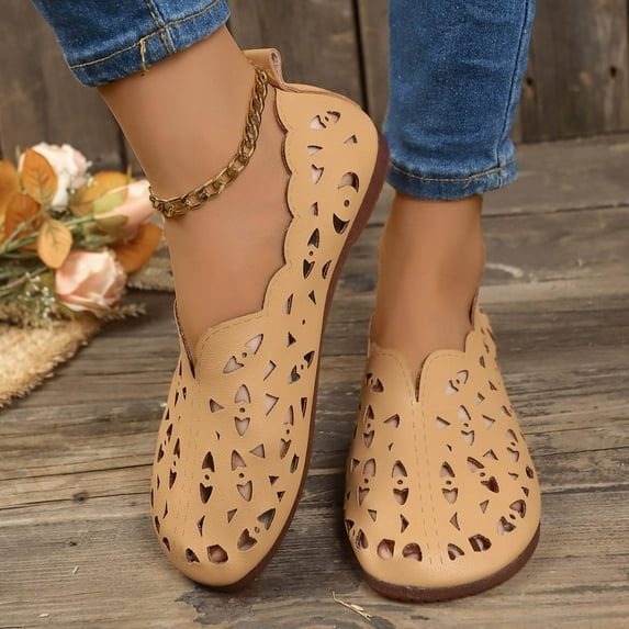 HAOTAGS Sandals for Women Flat Hollow Flower Summer Comfortable Wide Width Shoes Brown Size 9.5