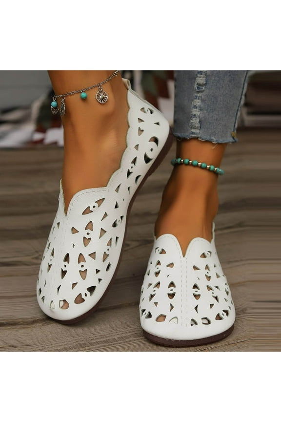 Sandals for Women Flat Hollow Flower Summer Comfortable Wide Width Shoes White Size 8.5