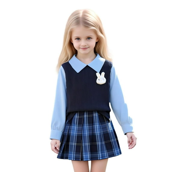 HAOTAGS School Season Girls Set, Hundred - Fold Collar Shirt Elastic Waist Two - Piece Skirt Set Blue 6-7 Years