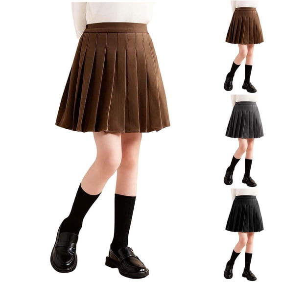 HAOTAGS School Skirts GirlsClassic Comfortable Mid-Length Pleated Skirts Brown 12-13 Years