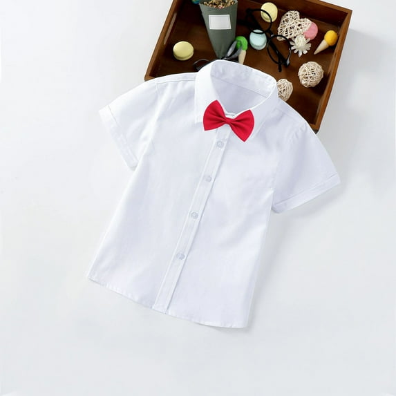 HAOTAGS School Uniform Chest Pocket Breathable Fabric for Boy with Cute Bow Tie Short Sleeve Button-Down Shirt Beige Size 10-11 Years