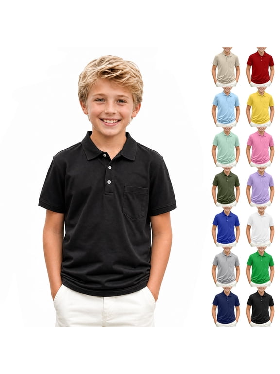 School Uniform Polo Shirt for Big Boys (2-15) Short Sleeve Turn-Down Collar Summer Top for Back-to-School Black Size 5T