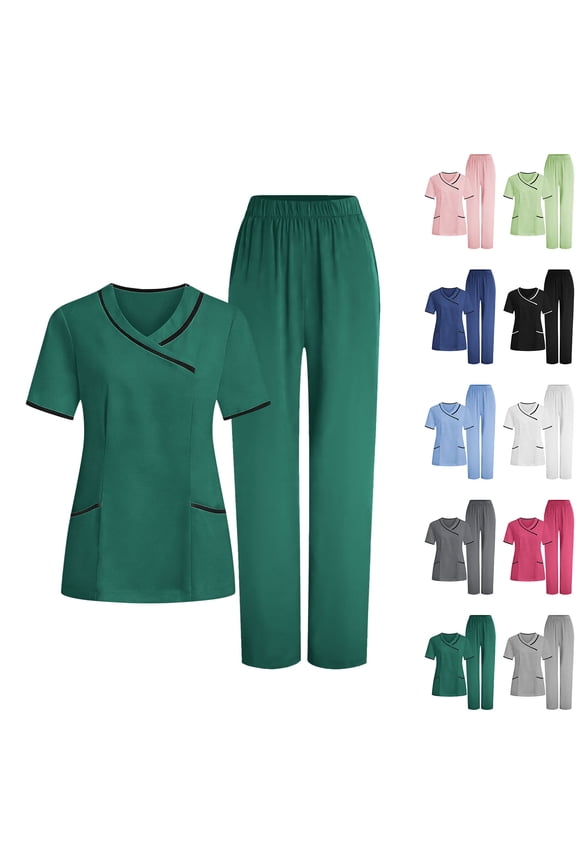 Scrubs for Women Set, Stretch V-Neck Scrub Tops & Pant Quick Dry Medical Nurse Uniform with Pockets Green 3XL