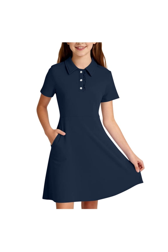 Shift Dress for Girls School,Lace Trim Solid Color Button-Down Collar Uniform Polo Dresses Navy 9-10T