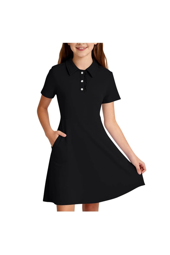 Shift Dress for Girls School,Solid Color Button-Down Collar Lace Trim Uniform Polo Dresses Khaki 7-8T