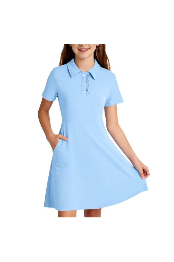 Shift Dress for Girls School,Solid Color Lace Trim Button-Down Collar Uniform Polo Dresses Blue 5-6T