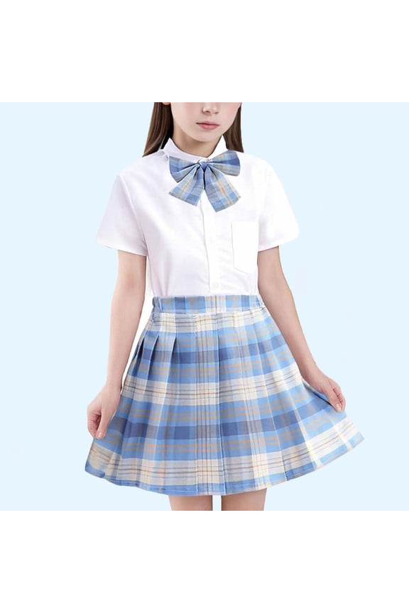 Skirt Suits for Girls 2025,School Uniform Elastic Waist with Tie Short Sleeve Tops Pleated Skirts 3-Piece Outfits Sets Blue 7-8 Years