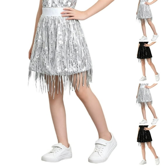 HAOTAGS Skirts Girls Performance,Holiday Midi Elastic Waist Sequin Fringe Skirt Silver 9-10