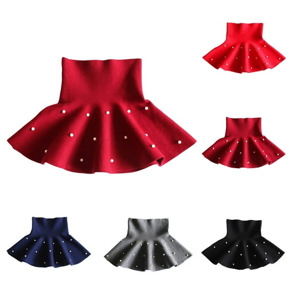 HAOTAGS Skirts for Girls,Performance Solid Pleated Short Pearl Skirts Red 8-9