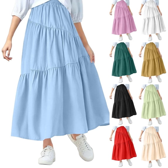 HAOTAGS Skirts for Girls,Solid Color Summer Midi Length Cake Skirts Army Green 8-9