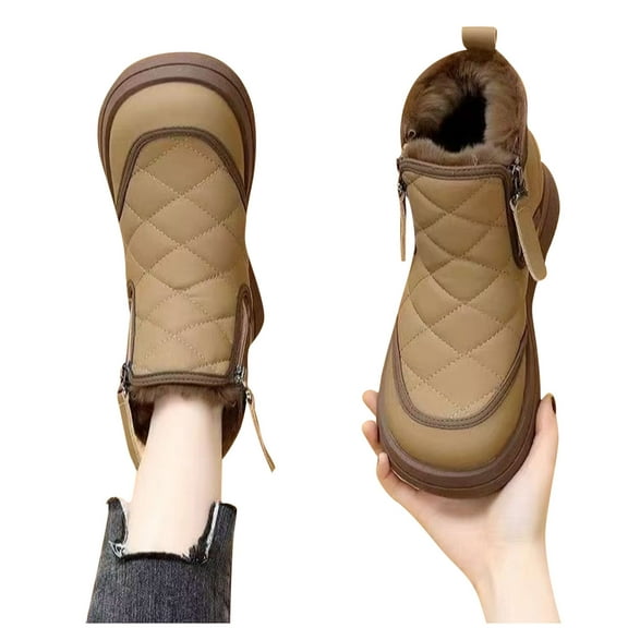 HAOTAGS Snow Boots for Women, Thick Heel Thickened Fleece Lined Fall Winter Booties Khaki 7.5