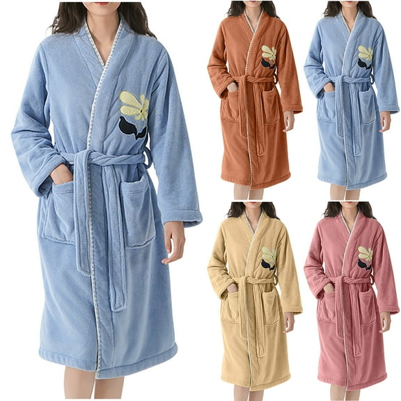 HAOTAGS Soft Women Fleece Robe Graphic Print, Cozy Bathrobe Long Spa Robe Warm Housecoat Yellow Free Size