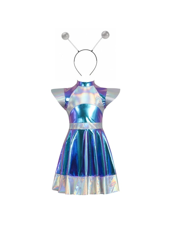 Space Girl Dresses, Breathable Crewneck Short Sleeved Performance Dance Dress Blue 7-8Years