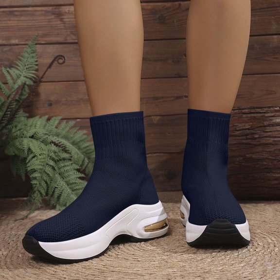 HAOTAGS Sport Boots for Women, 2025 Fall Thick Heel Casual Knitted Sock Boots Navy 7