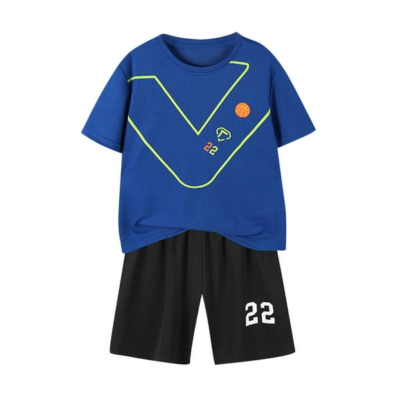 HAOTAGS Sport Shorts Set for Toddler Boys(3-14), Letter Print Summer Short Sleeve Tshirts with Shorts Quick Dry Outfit Set Blue