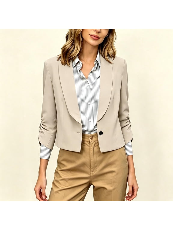 Suit Jackets for Women, Spring/Summer 3/4 Sleeve Business Coat Beige Size L