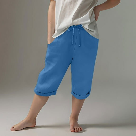 HAOTAGS Summer Capris Pants for Boys Girls, Casual Outdoor Cotton Linen Beach Shorts Cropped Pants Blue 12-13Years