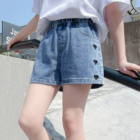 HAOTAGS Summer Denim Shorts for Girls Elastic Waist Comfy Solid Color Jeans Light Blue Size 12 T