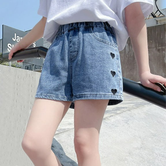 HAOTAGS Summer Denim Shorts for Girls Elastic Waist Comfy Solid Color Jeans Light Blue Size 3 T
