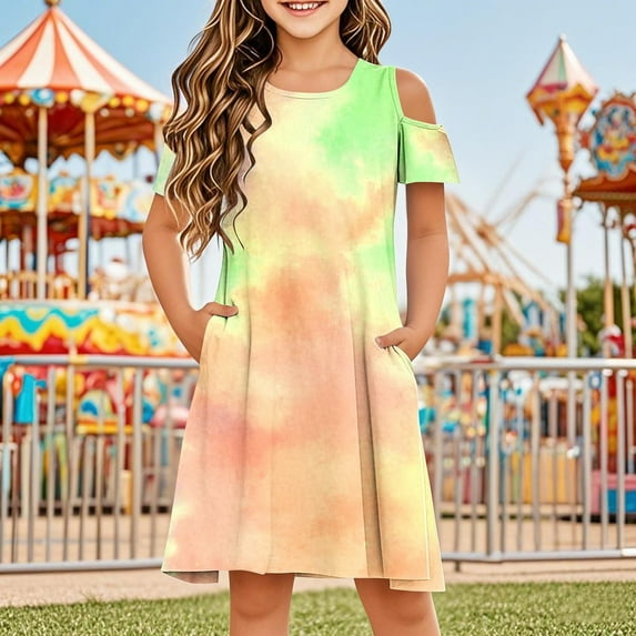 HAOTAGS Summer Dresses for Girls, Waisted Off-Shoulder Dyed Print Breathable Dresses Yellow 9 T