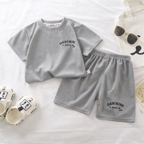 HAOTAGS Summer Letter Print Outfit Set for Toddler Boys Girls, Short Sleeve Round Neck Tshirts with Shorts Set Dark Gray 8 Months